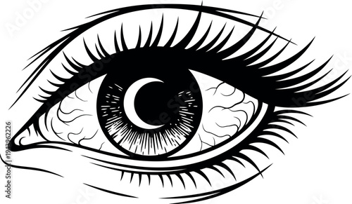 Black and white of a human eye with long eyelashes and a crescent shape in the pupil
