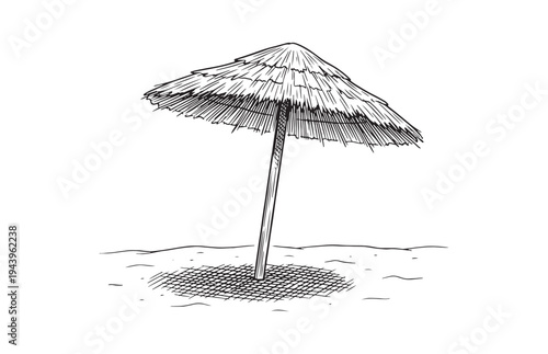 Traditional thatched straw beach umbrella on sand vintage sketch illustration