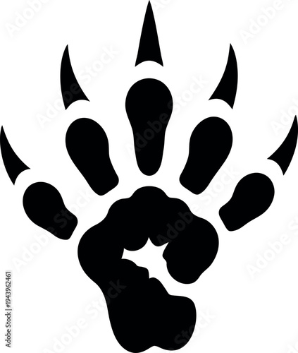 Black bear paw print with claws on white background