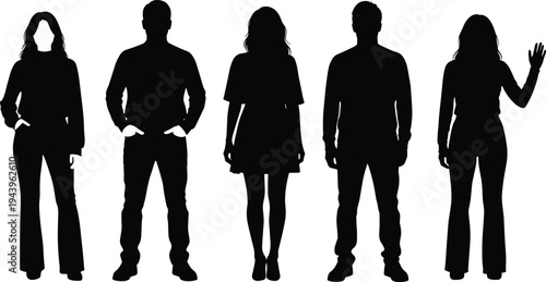 Silhouette of diverse young adults standing group men women casual fashion outfits full body profiles posing together on white background