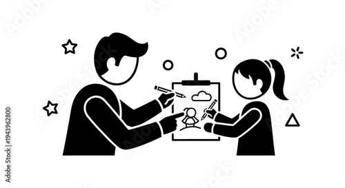 People drawing on clipboard together.