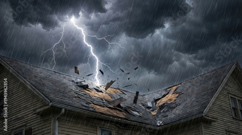 Damaged roof shingles during lightning storm concept. Severe storm causes significant damage to a house rooftop.