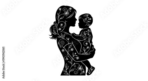 Black silhouette of mother holding baby.