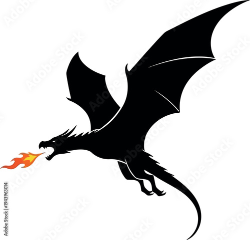 Black dragon breathing fire wings flying