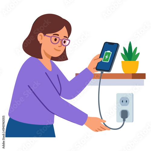 Woman charges smartphone from wall outlet with cord in home interior