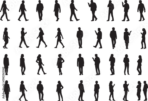 Diverse silhouettes of people in various walking and standing poses