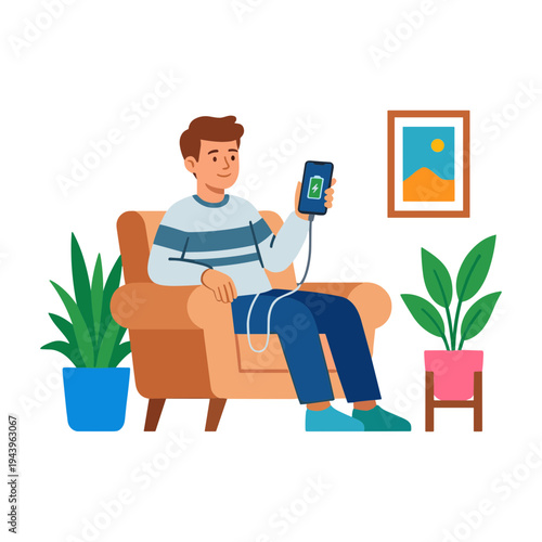 Man sitting on couch with phone and plants nearby at home