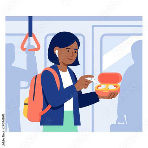 Woman eating takeout while commuting on a train with headphones