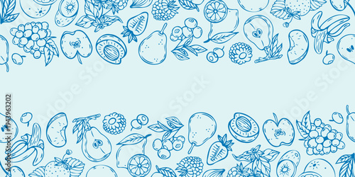 Horizontal background with with various fruits and a place for text. Vegan backdrop with organic natural products. Line art vector monochrome illustration.
