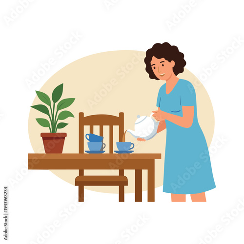 Woman pouring tea into a cup on a wooden table indoors