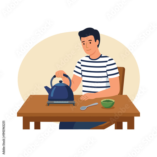Man sitting at table pouring tea from kettle into bowl