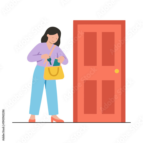 Woman stands beside a door holding a bag and searching inside it.