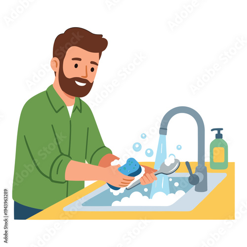Man washing dishes at kitchen sink with soap and sponge happily