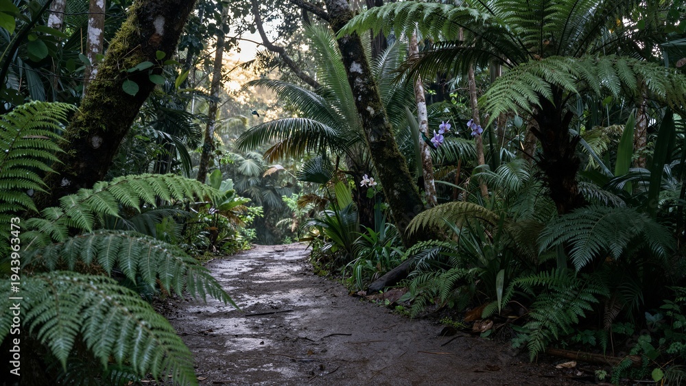 Obraz premium A winding dirt path cuts through a lush tropical rainforest, with sun rays piercing the morning mist. Dense green ferns and palm trees line the trail under soft focus.