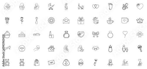“Mother’s Day Outline Icon Set – Mom, Baby, Love, Gift, Flower Line Icons Collection”