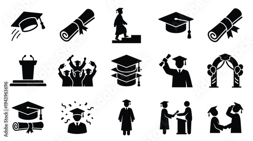 Collection of graduation-themed icons representing academic achievement, ceremonies, and student success.