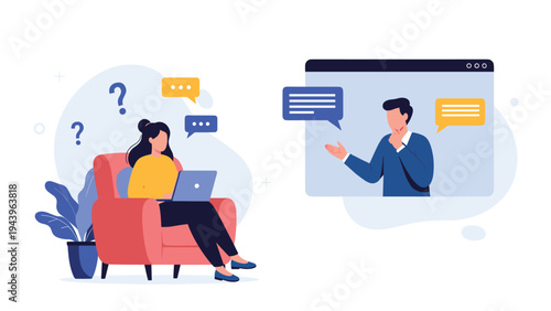 Woman sitting in comfortable armchair uses her laptop for a remote video conference call with a professional consultant or doctor.