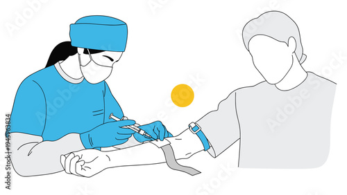 Professional medical nurse in blue scrubs and mask performing a blood sample collection from a patient arm with a syringe in a clinic.