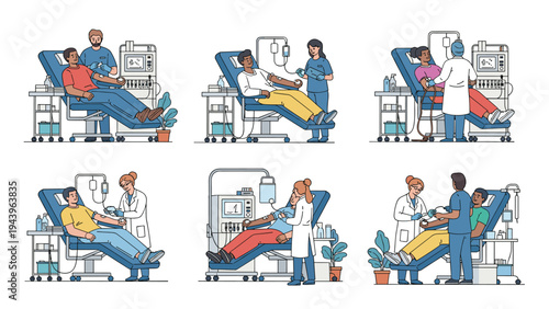 Diverse collection of scenes depicting people donating blood in hospital beds while being assisted by professional medical staff.