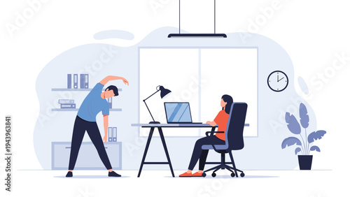 Coworkers in a modern office environment where a man is performing stretching exercises at his desk to improve his health and wellness.