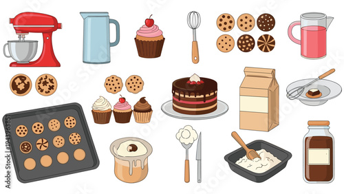 Large collection of baking ingredients and kitchen equipment including mixer cakes cookies and flour on white background.
