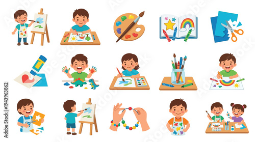 A vibrant collection of children engaged in various creative art and craft activities, showcasing their artistic talents and imagination.