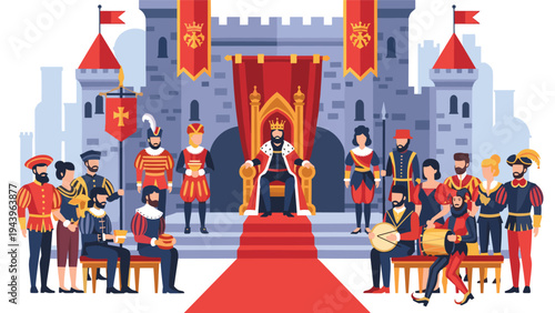 Royal medieval court gathering in front of a stone castle with a king sitting on his throne surrounded by guards and musicians.