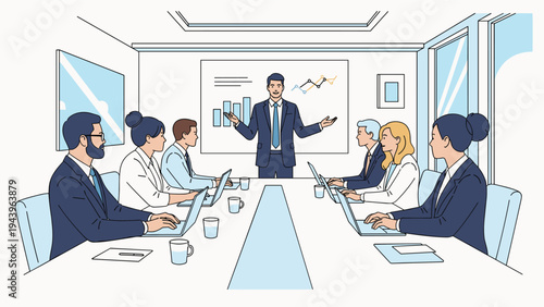 Male business leader giving presentation to colleagues around conference table with charts on whiteboard in meeting room.