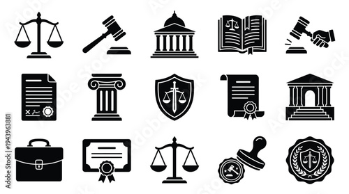 Collection of black and white icons representing legal concepts and symbols, including scales of justice, gavels, court buildings, documents, and shields.