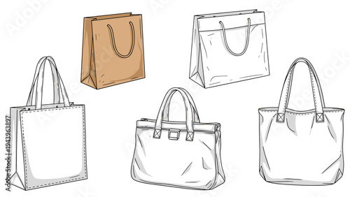 Selection of various reusable shopping bags and tote bags in different shapes, sizes, and eco-friendly materials on a white background.