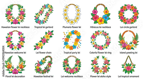Collection of various Hawaiian and tropical flower leis and garlands, including necklaces, chains, and decorative ornaments, showcasing vibrant floral designs.