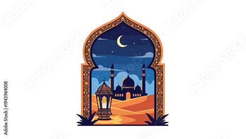Beautiful view of a mosque and traditional lantern in the desert at night through an ornate oriental archway.