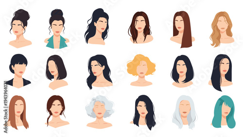 Collection of diverse female faces showing various hairstyles, hair colors, and modern styles without facial features.