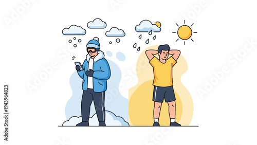 Split screen showing a person in winter clothing and another in summer clothing to compare different weather seasons.