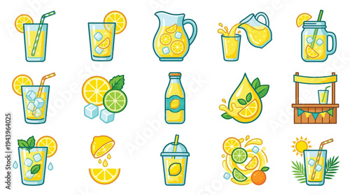 A vibrant collection of refreshing lemonade illustrations, featuring glasses, pitchers, bottles, and a lemonade stand, perfect for summer themes.