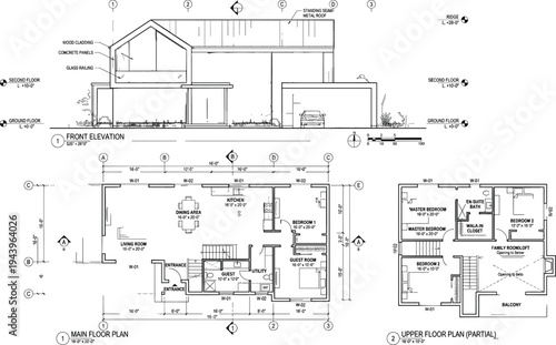 Detailed architectural planning sheet featuring a modern residential front elevation, main floor plan, and upper story layout with grid lines.