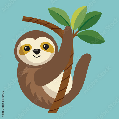 Cute Sloth Hanging On Tree Vector Illustration