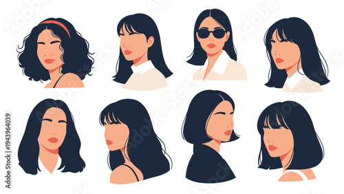 Grid of diverse female faces with dark hair and various modern hairstyles and outfits shown in a flat design style.