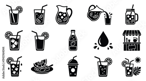 Collection of stylized black and white icons representing various refreshing beverages and related elements, including drinks in glasses, pitchers, bottles, and a beverage stand.