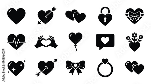 A collection of black heart-shaped icons representing love, romance, and affection, suitable for various design applications.