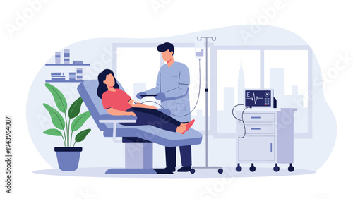 Male healthcare professional caring for a female patient lying in a hospital bed with medical equipment and a city view.