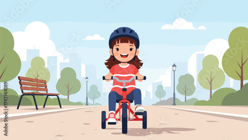 Happy young girl wearing a safety helmet while riding her red tricycle on a path in a city park during the daytime.