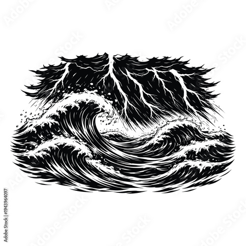 Detailed artistic illustration of powerful ocean waves crashing with intricate linework and texture isolated design