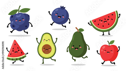 Group of cute cartoon fruits like watermelon, blueberry, avocado, and apple running with happy smiling faces.
