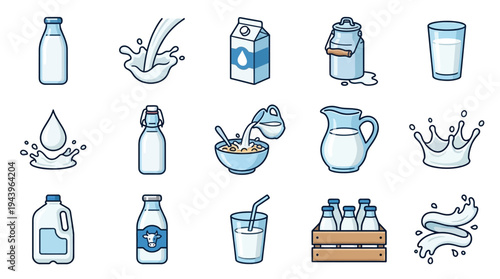 A collection of 15 cartoon-style illustrations depicting various forms of milk and dairy products, including bottles, cartons, jugs, glasses, and splashes.