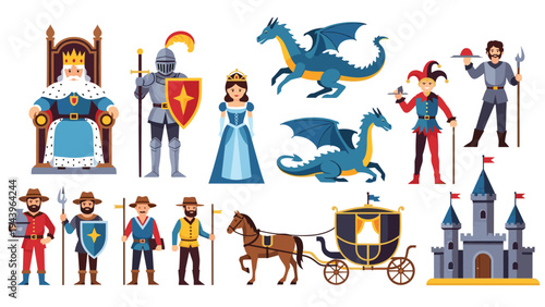 Flat illustration of medieval kingdom characters including royalty knight queen dragon jester and various attendants on white backdrop.