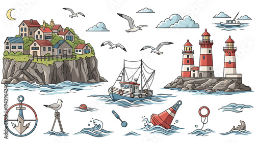 Nautical design elements including coastal village on cliff lighthouses fishing boat and various maritime icons for seaside decoration.