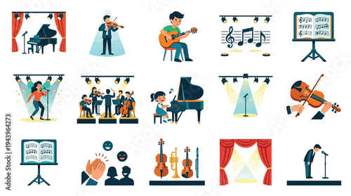 A vibrant collection of illustrations depicting various musical performances, instruments, and concert scenes, showcasing the joy and diversity of music.