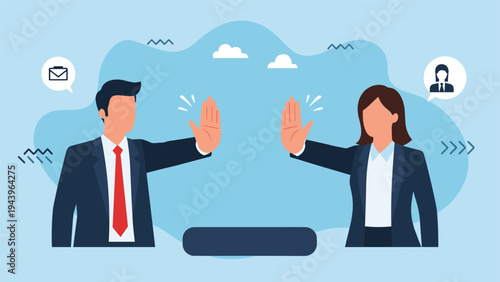 Business professionals wearing suits making a stop hand gesture as a concept of refusal boundary or prohibition in a workplace.