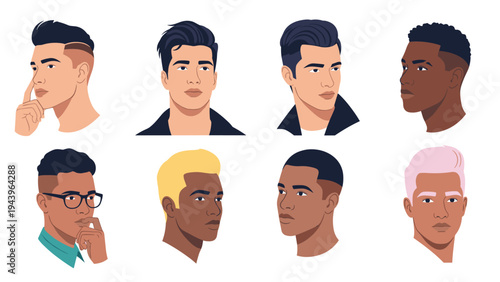 Diverse male avatar collection showing various hairstyles skin tones and facial features in a modern flat vector illustration style.